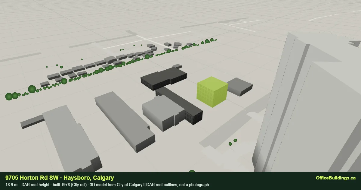 3D render of 9705 Horton Rd SW, an 18.9 m mid-rise office building in Haysboro, Calgary, modelled from City of Calgary LiDAR