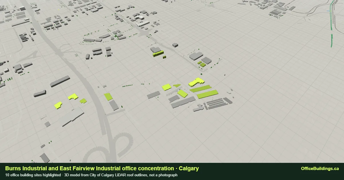 3D render of the Burns Industrial and East Fairview Industrial office concentration in Calgary, 10 office buildings highlighted