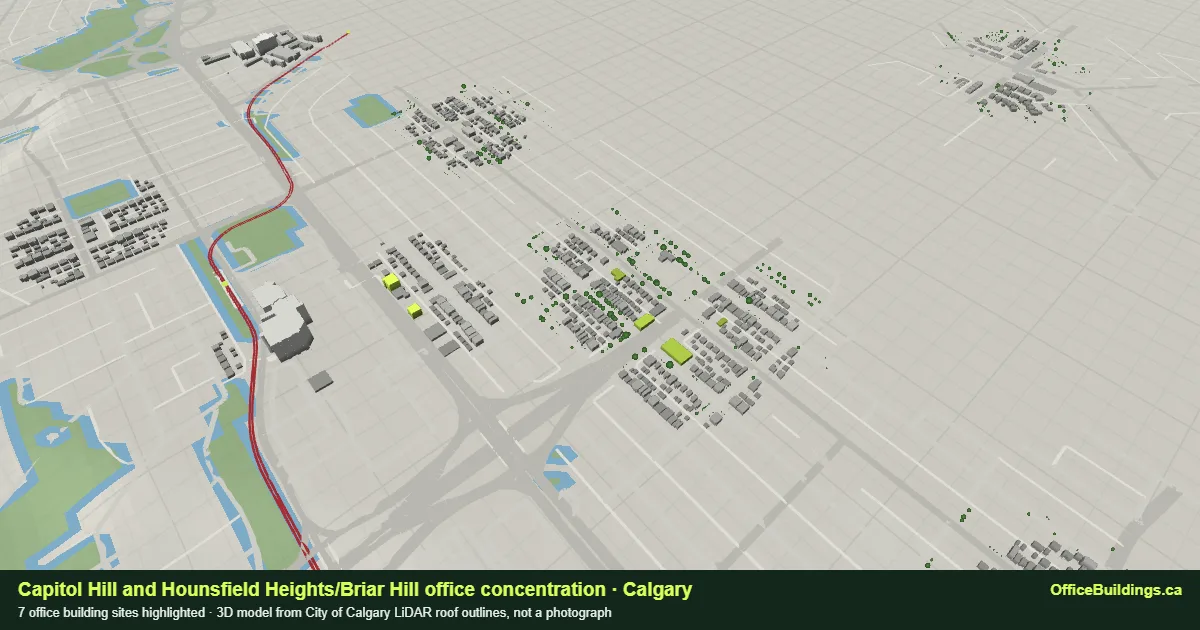 3D render of the Capitol Hill and Hounsfield Heights/Briar Hill office concentration in Calgary, 7 office buildings highlighted