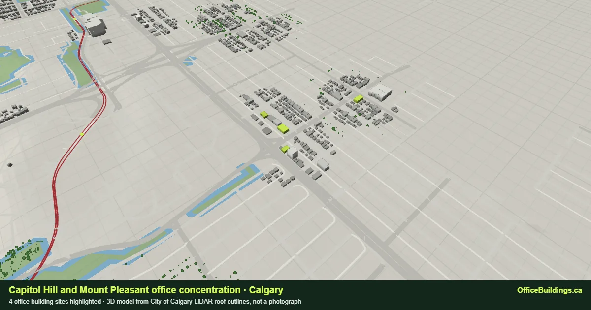 3D render of the Capitol Hill and Mount Pleasant office concentration in Calgary, 4 office buildings highlighted