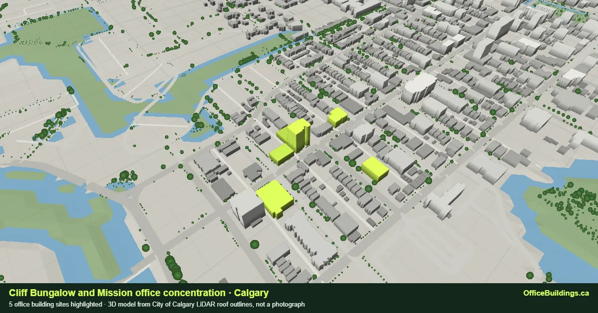 3D render of the Cliff Bungalow and Mission office concentration in Calgary, 5 office buildings highlighted