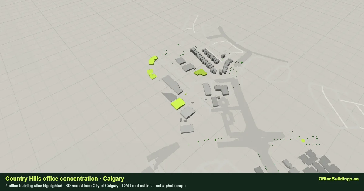 3D render of the Country Hills office concentration in Calgary, 4 office buildings highlighted