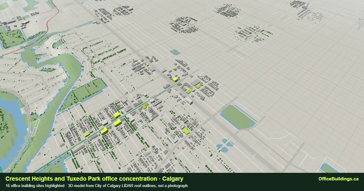 3D render of the Crescent Heights and Tuxedo Park office concentration in Calgary, 16 office buildings highlighted