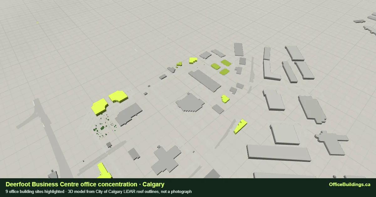 3D render of the Deerfoot Business Centre office concentration in Calgary, 9 office buildings highlighted