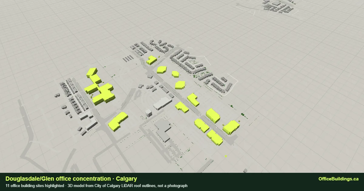 3D render of the Douglasdale/Glen office concentration in Calgary, 11 office buildings highlighted