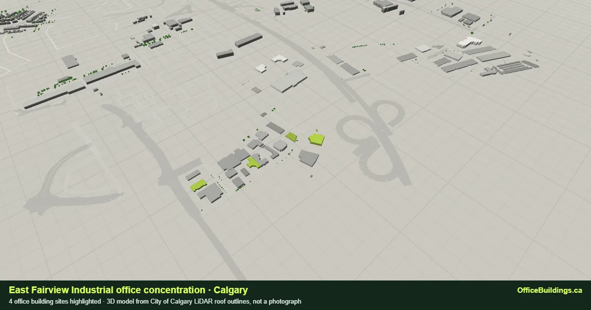 3D render of the East Fairview Industrial office concentration in Calgary, 4 office buildings highlighted