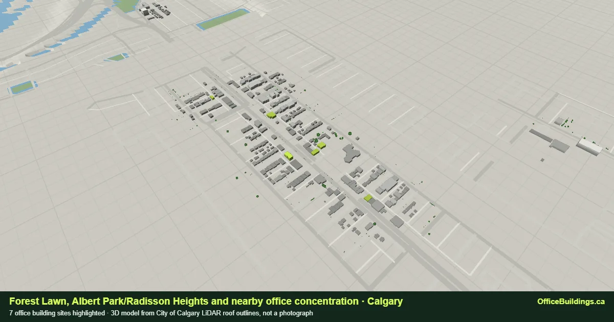 3D render of the Forest Lawn, Albert Park/Radisson Heights and nearby office concentration in Calgary, 7 office buildings highlighted