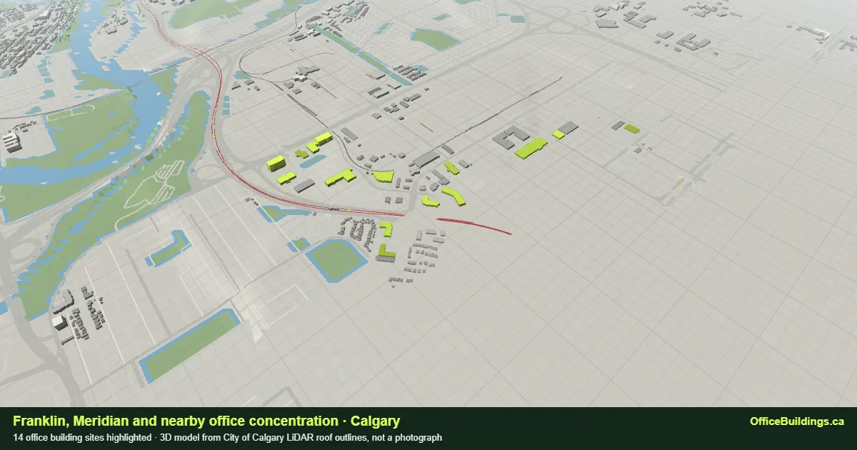 3D render of the Franklin, Meridian and nearby office concentration in Calgary, 14 office buildings highlighted