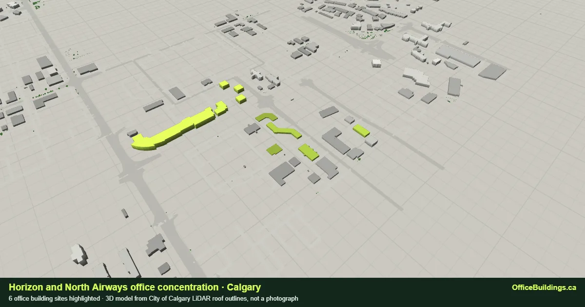 3D render of the Horizon and North Airways office concentration in Calgary, 6 office buildings highlighted