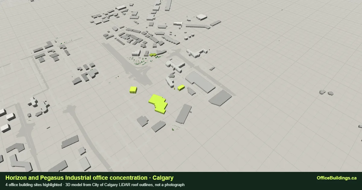 3D render of the Horizon and Pegasus Industrial office concentration in Calgary, 4 office buildings highlighted