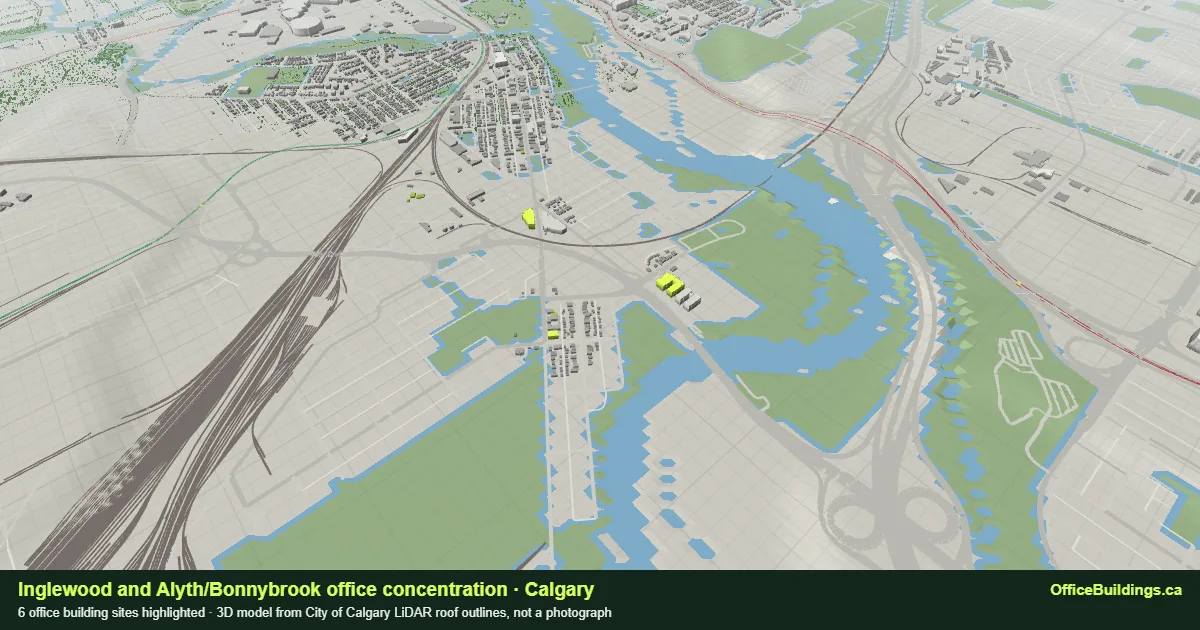 3D render of the Inglewood and Alyth/Bonnybrook office concentration in Calgary, 6 office buildings highlighted