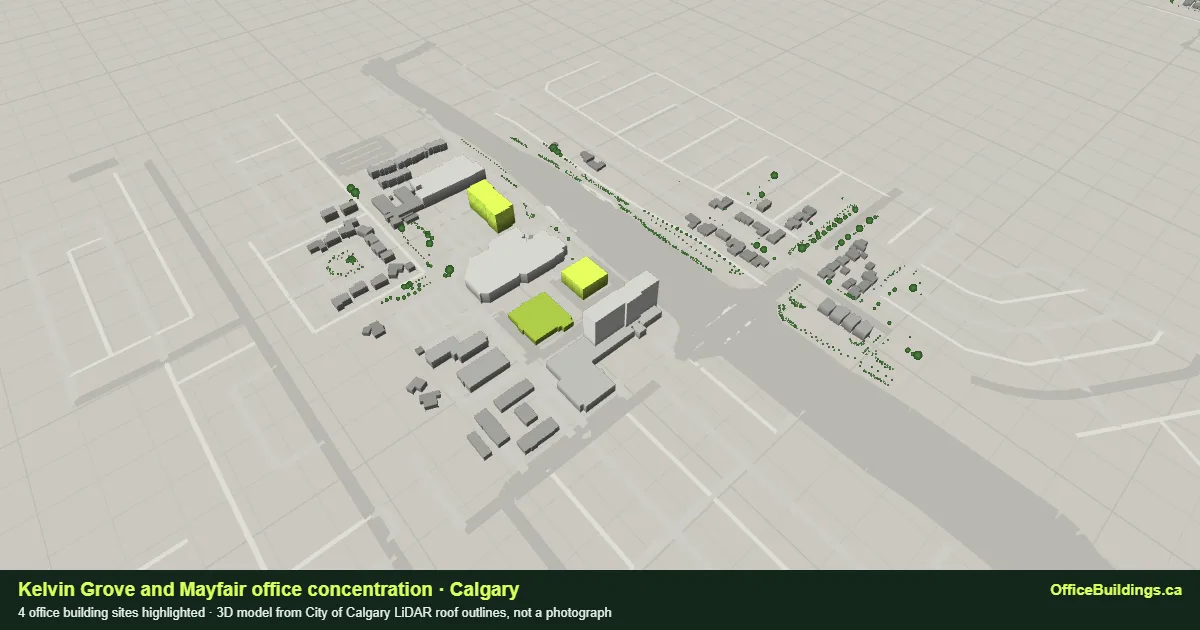 3D render of the Kelvin Grove and Mayfair office concentration in Calgary, 4 office buildings highlighted