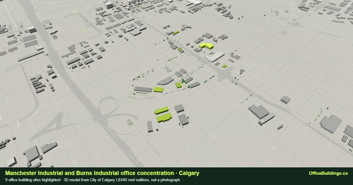 3D render of the Manchester Industrial and Burns Industrial office concentration in Calgary, 9 office buildings highlighted