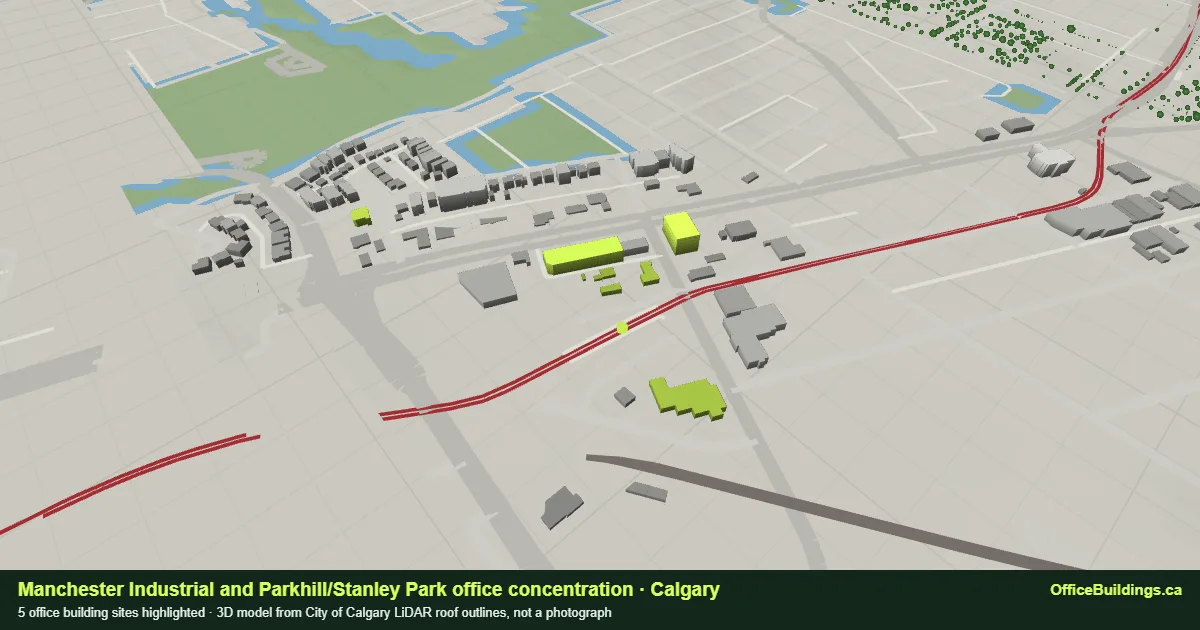 3D render of the Manchester Industrial and Parkhill/Stanley Park office concentration in Calgary, 5 office buildings highlighted