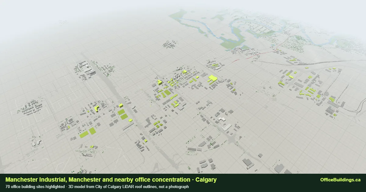 3D render of the Manchester Industrial, Manchester and nearby office concentration in Calgary, 70 office buildings highlighted