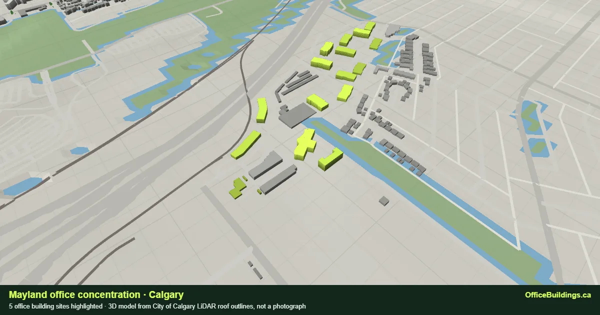 3D render of the Mayland office concentration in Calgary, 5 office buildings highlighted