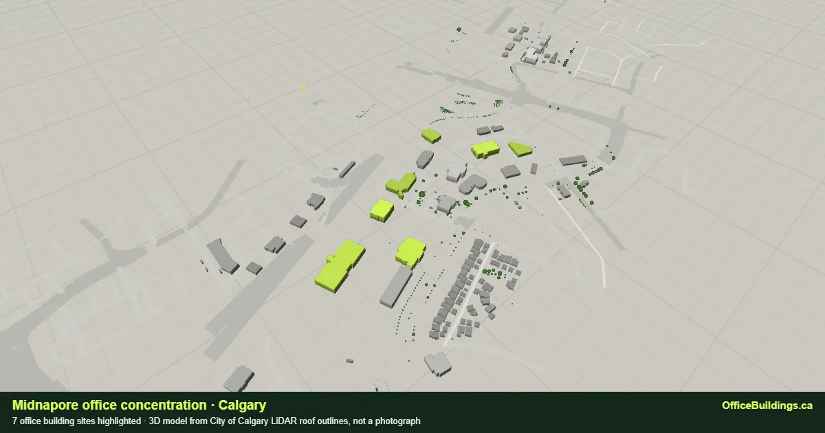 3D render of the Midnapore office concentration in Calgary, 7 office buildings highlighted