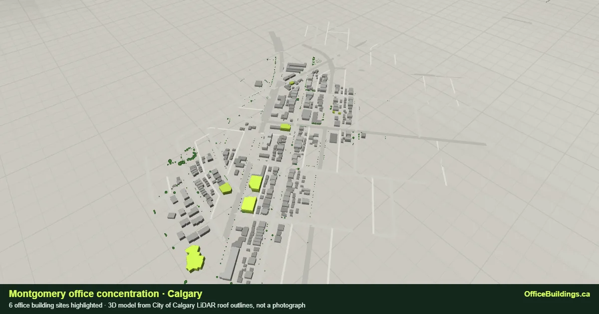 3D render of the Montgomery office concentration in Calgary, 6 office buildings highlighted