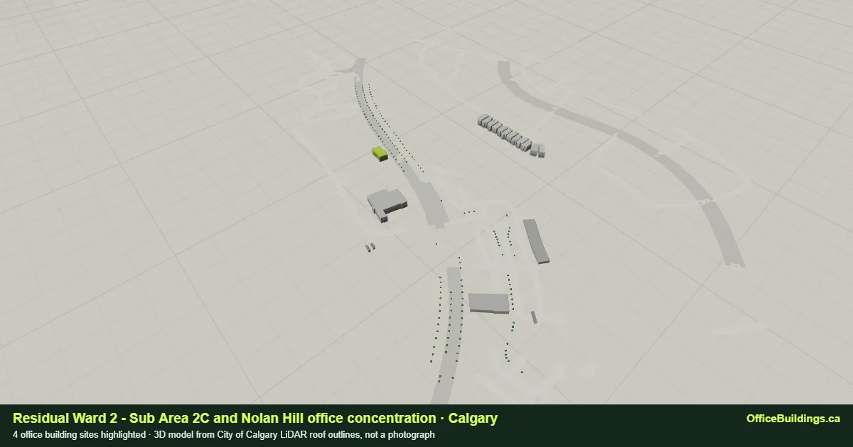3D render of the Residual Ward 2 - Sub Area 2C and Nolan Hill office concentration in Calgary, 4 office buildings highlighted