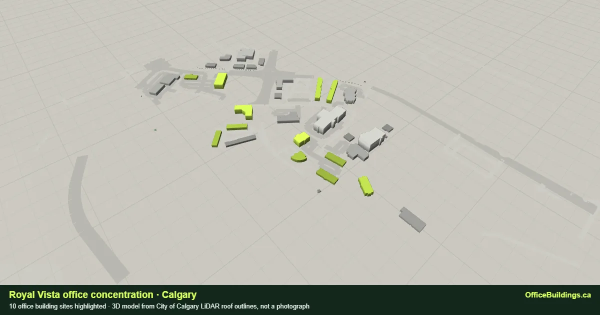 3D render of the Royal Vista office concentration in Calgary, 10 office buildings highlighted