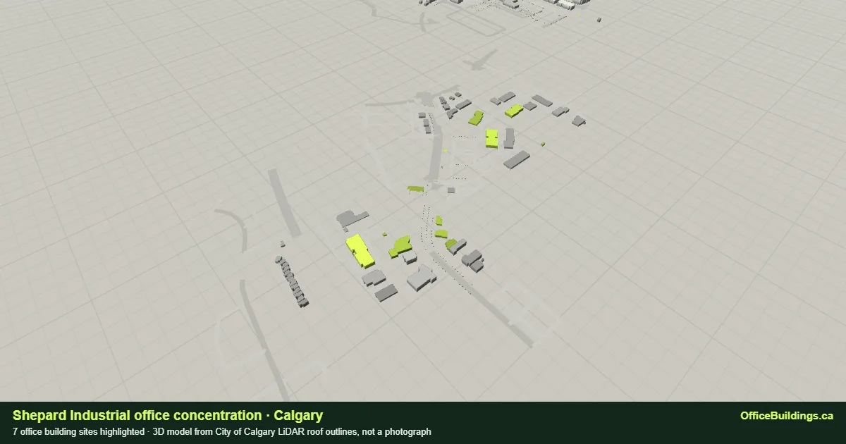 3D render of the Shepard Industrial office concentration in Calgary, 7 office buildings highlighted