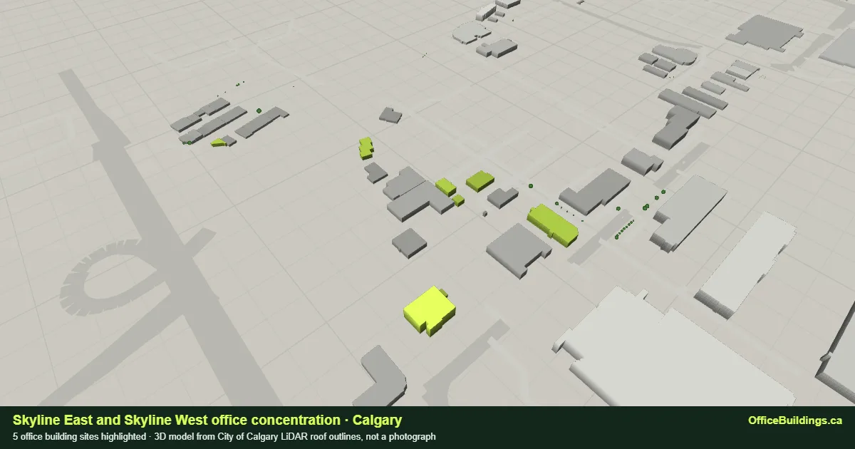 3D render of the Skyline East and Skyline West office concentration in Calgary, 5 office buildings highlighted