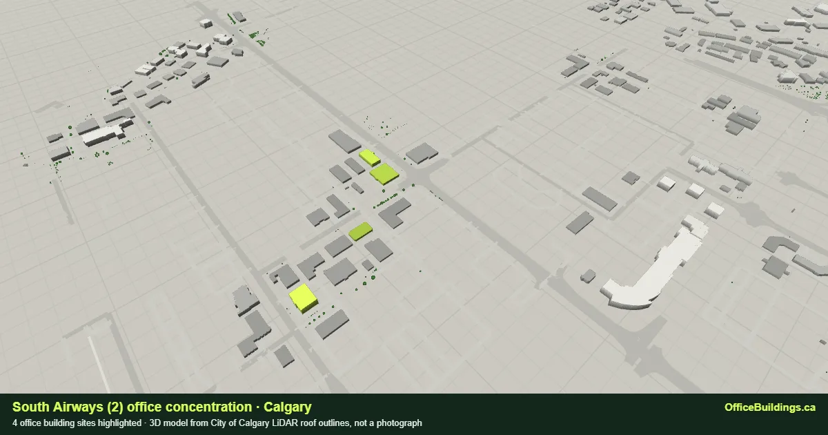 3D render of the South Airways (2) office concentration in Calgary, 4 office buildings highlighted