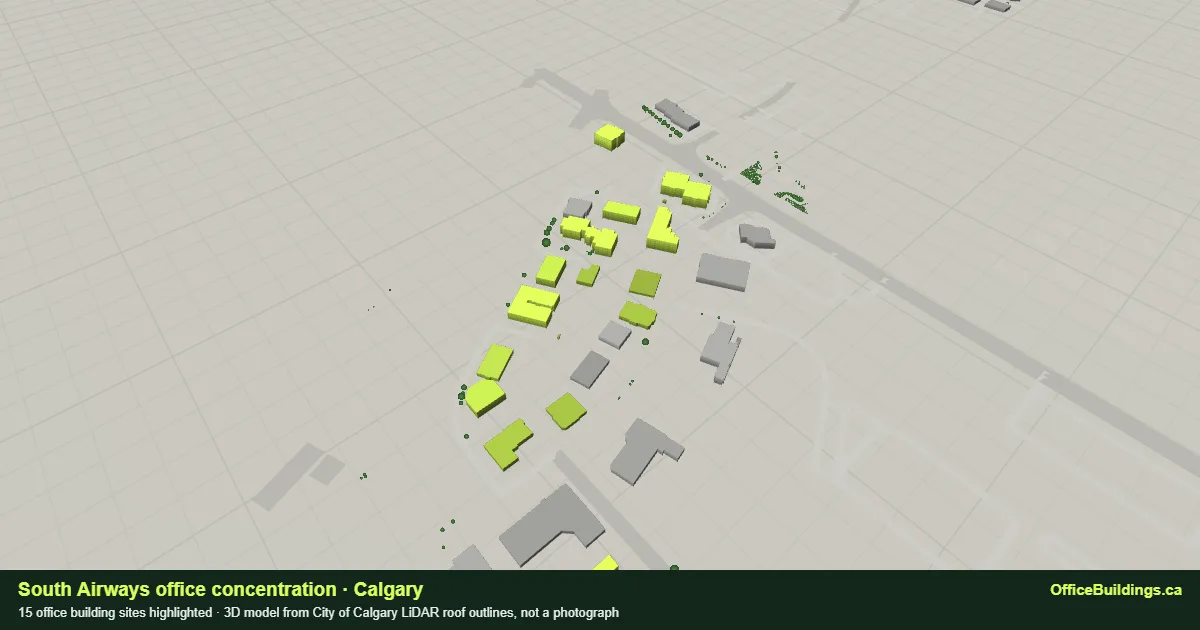 3D render of the South Airways office concentration in Calgary, 15 office buildings highlighted