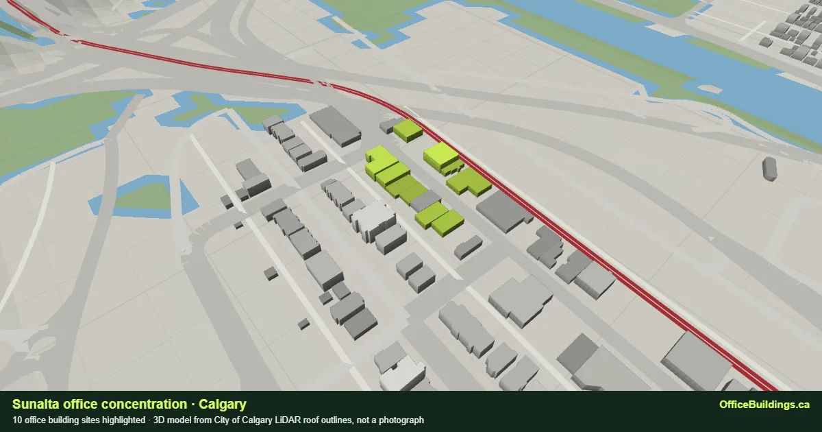 3D render of the Sunalta office concentration in Calgary, 10 office buildings highlighted