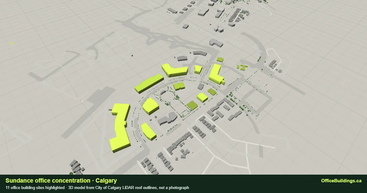 3D render of the Sundance office concentration in Calgary, 11 office buildings highlighted