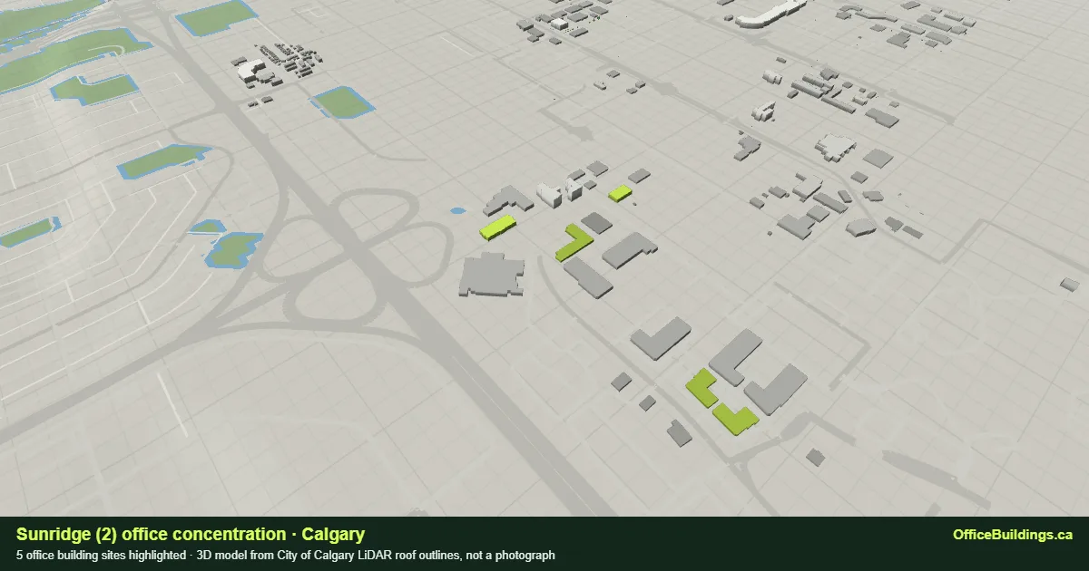 3D render of the Sunridge (2) office concentration in Calgary, 5 office buildings highlighted