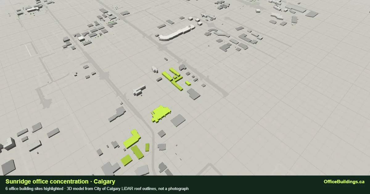 3D render of the Sunridge office concentration in Calgary, 6 office buildings highlighted