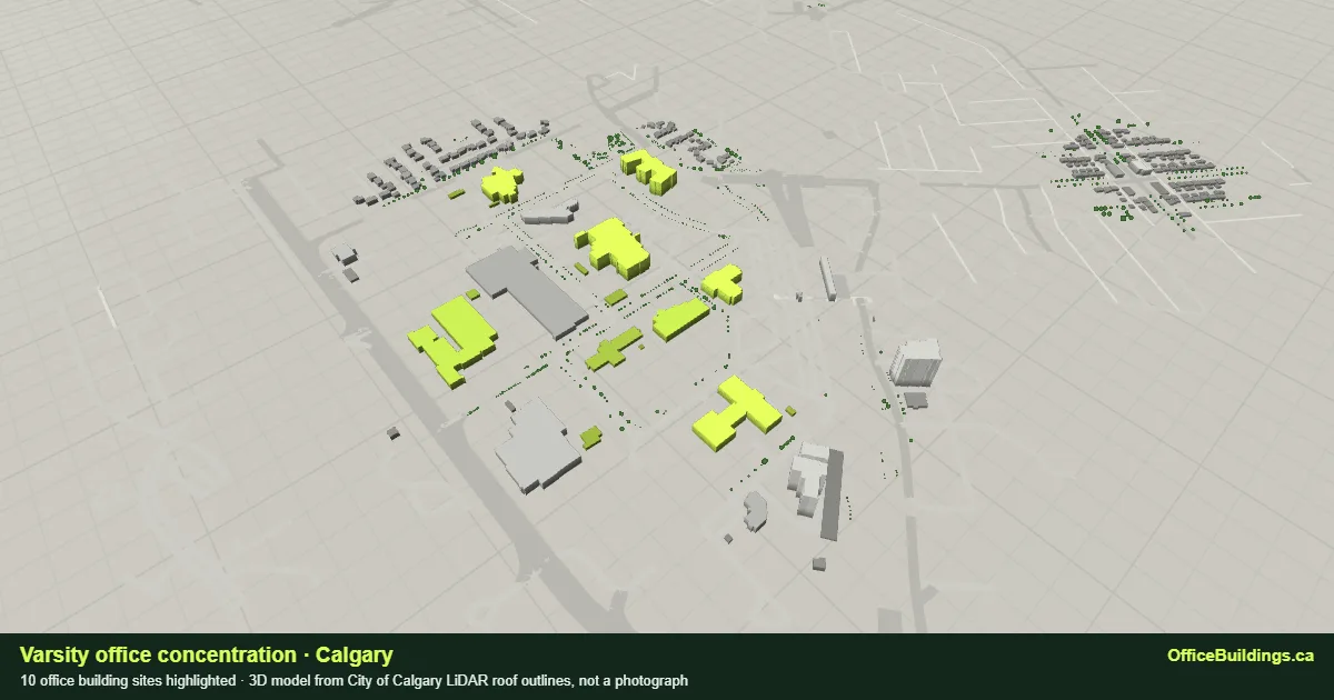 3D render of the Varsity office concentration in Calgary, 10 office buildings highlighted