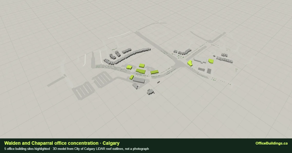 3D render of the Walden and Chaparral office concentration in Calgary, 5 office buildings highlighted