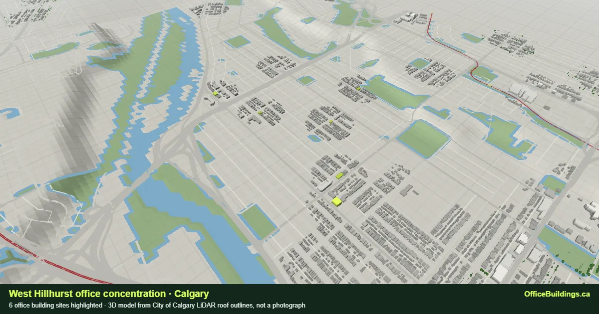 3D render of the West Hillhurst office concentration in Calgary, 6 office buildings highlighted