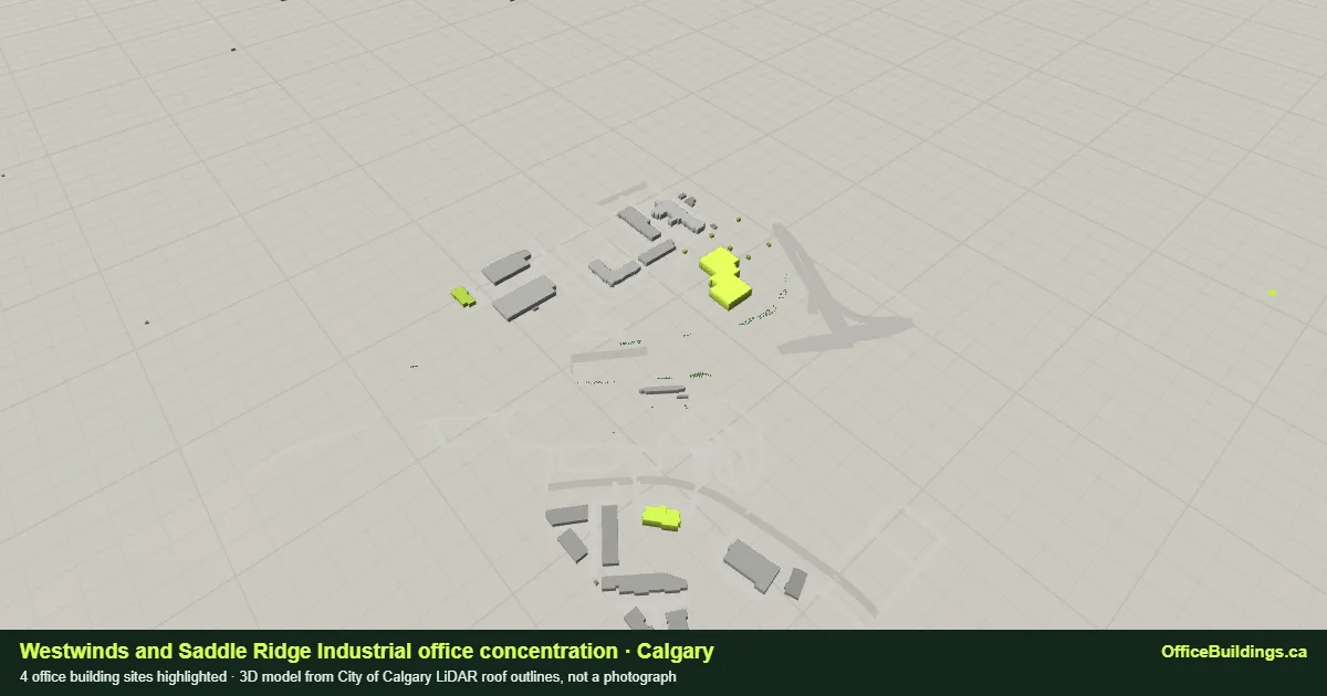 3D render of the Westwinds and Saddle Ridge Industrial office concentration in Calgary, 4 office buildings highlighted