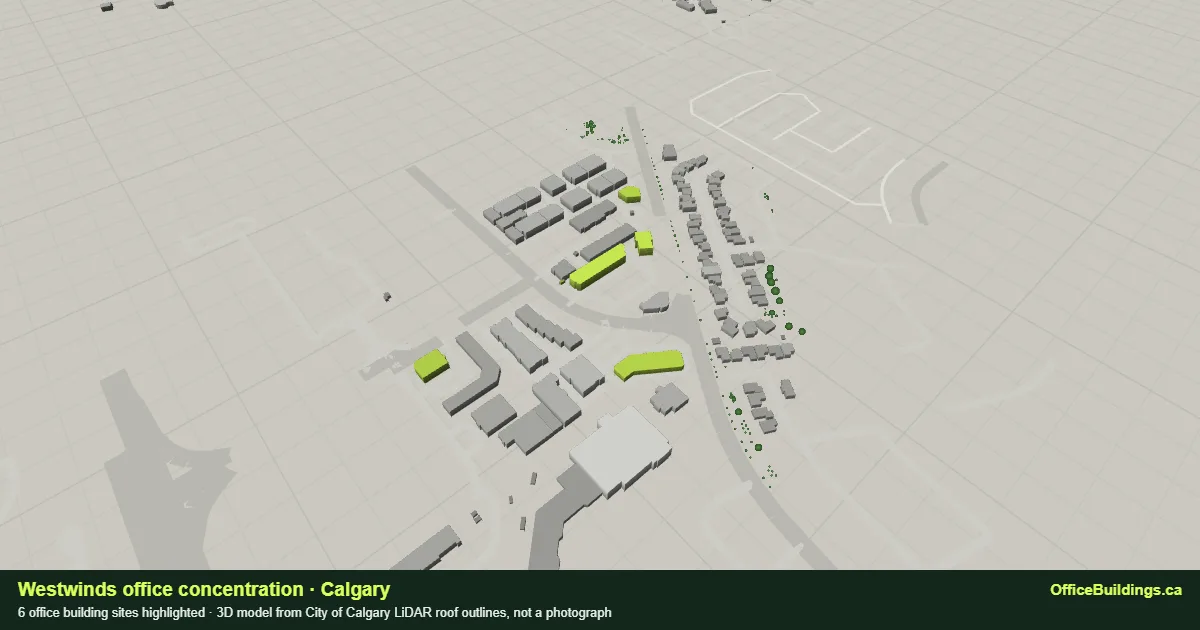 3D render of the Westwinds office concentration in Calgary, 6 office buildings highlighted