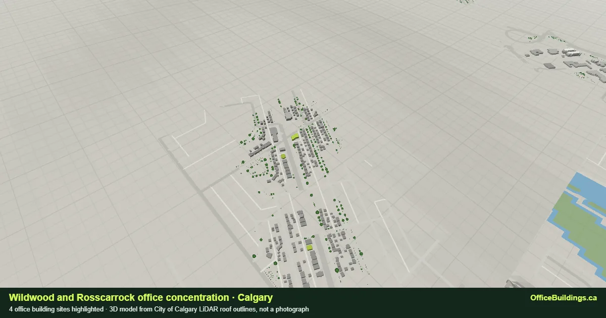 3D render of the Wildwood and Rosscarrock office concentration in Calgary, 4 office buildings highlighted