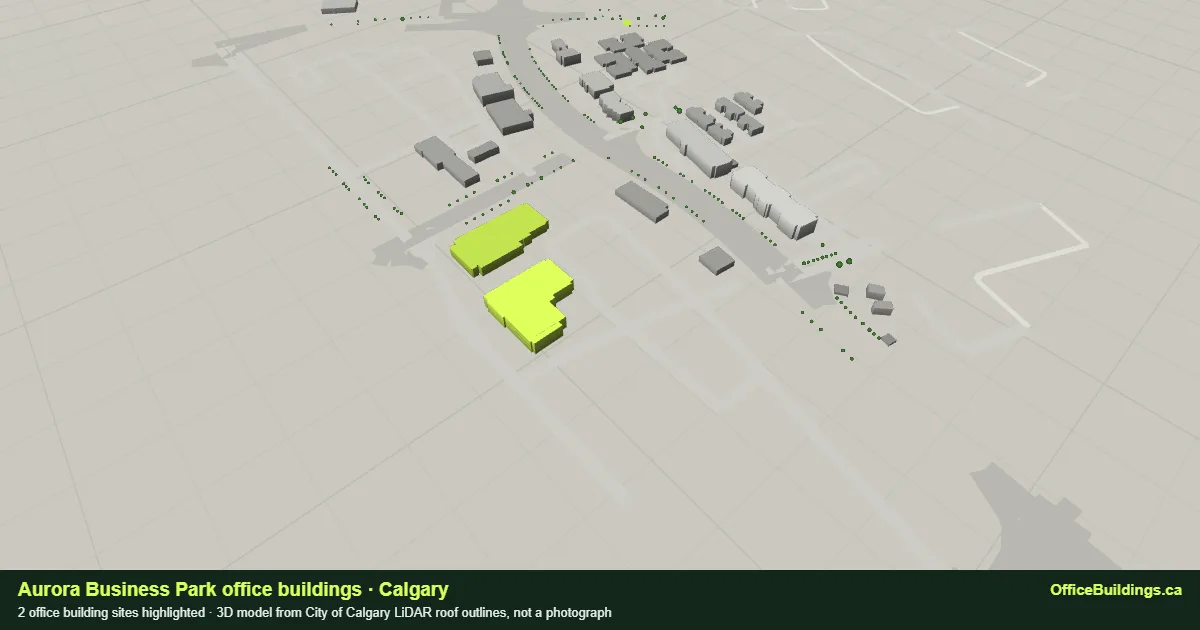 3D render of Aurora Business Park, Calgary, with its 2 office buildings highlighted, modelled from City of Calgary LiDAR
