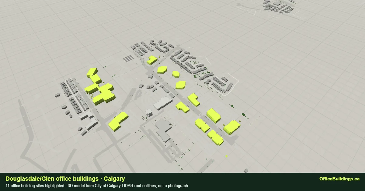 3D render of Douglasdale/Glen, Calgary, with its 11 office buildings highlighted, modelled from City of Calgary LiDAR