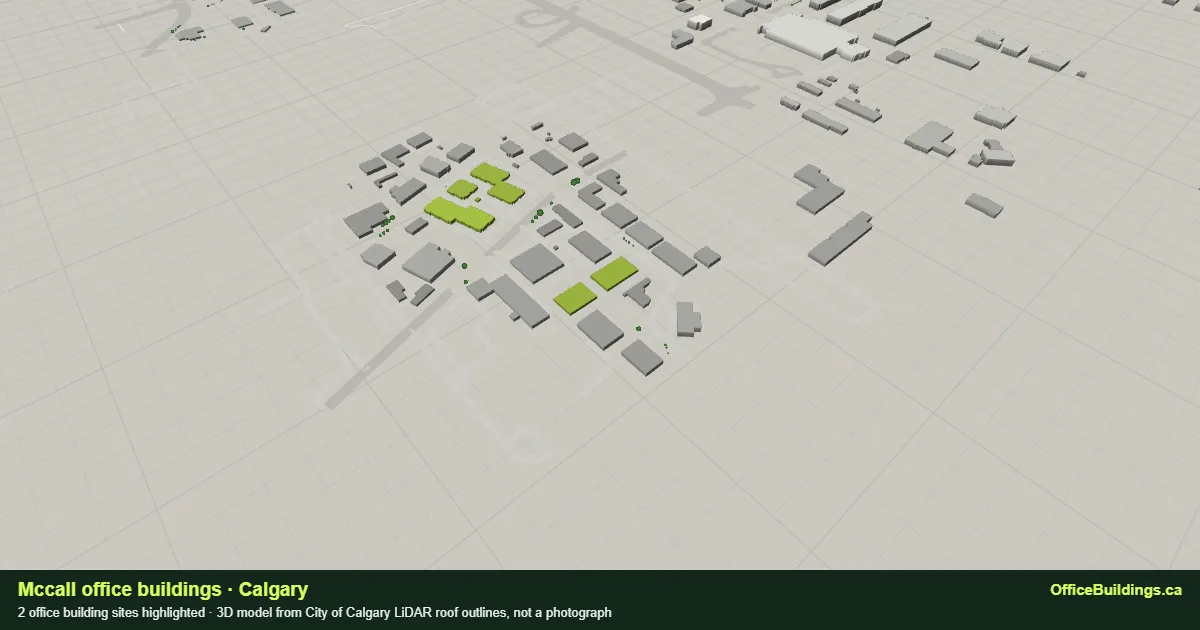 3D render of Mccall, Calgary, with its 2 office buildings highlighted, modelled from City of Calgary LiDAR
