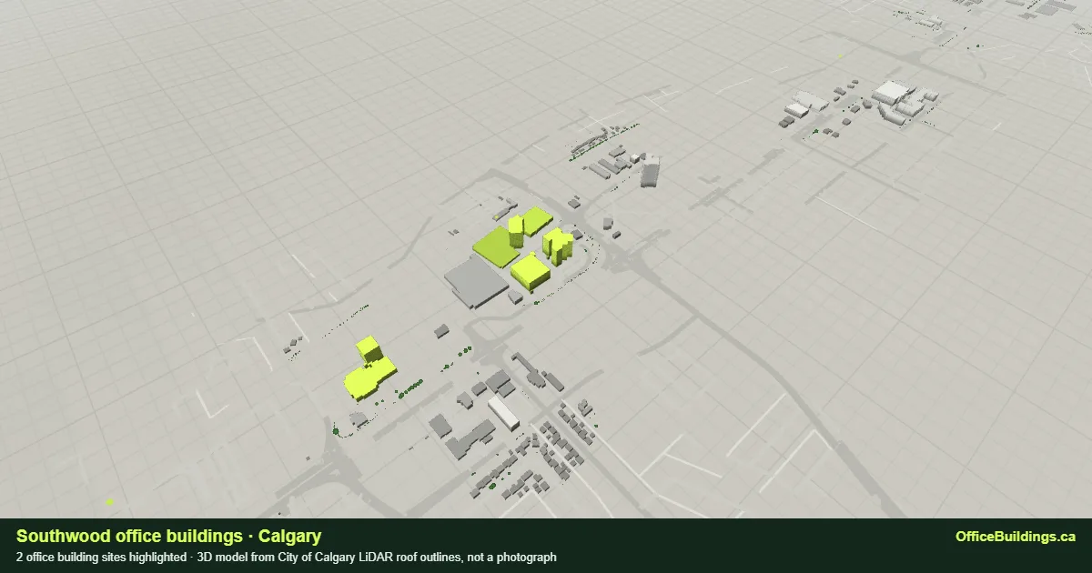 3D render of Southwood, Calgary, with its 2 office buildings highlighted, modelled from City of Calgary LiDAR