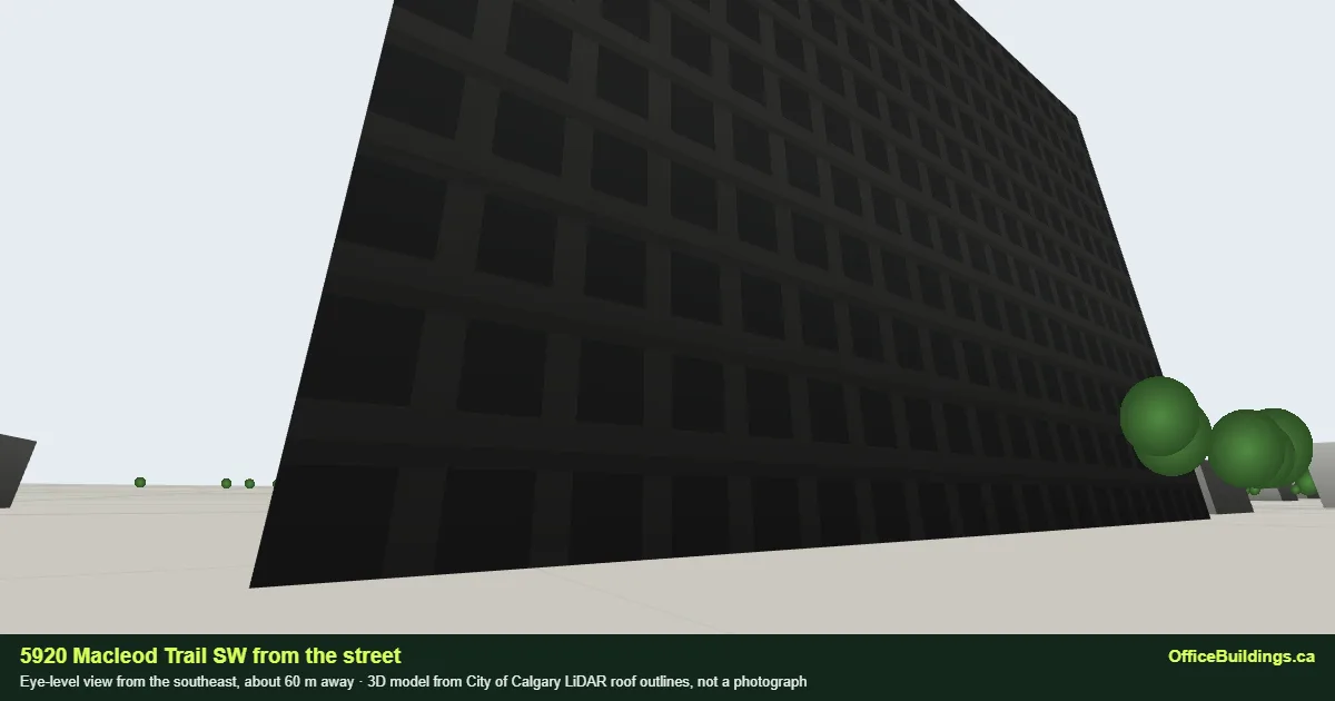 Street-level 3D view of 5920 Macleod Trail SW, Calgary, from the southeast