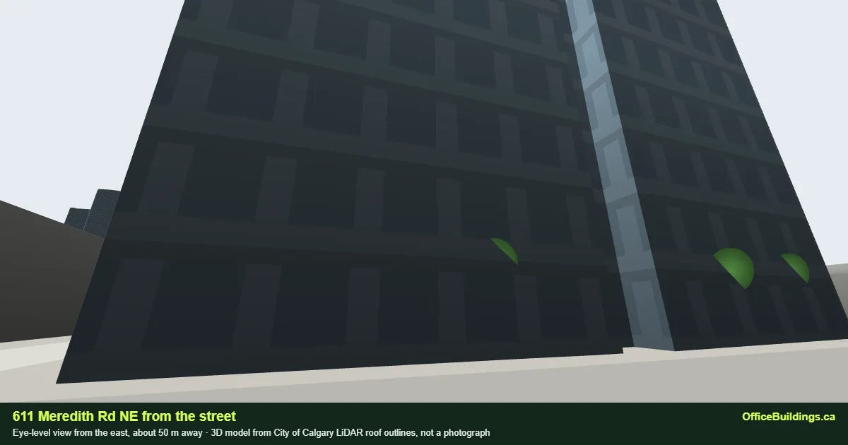 Street-level 3D view of 611 Meredith Rd NE, Calgary, from the east